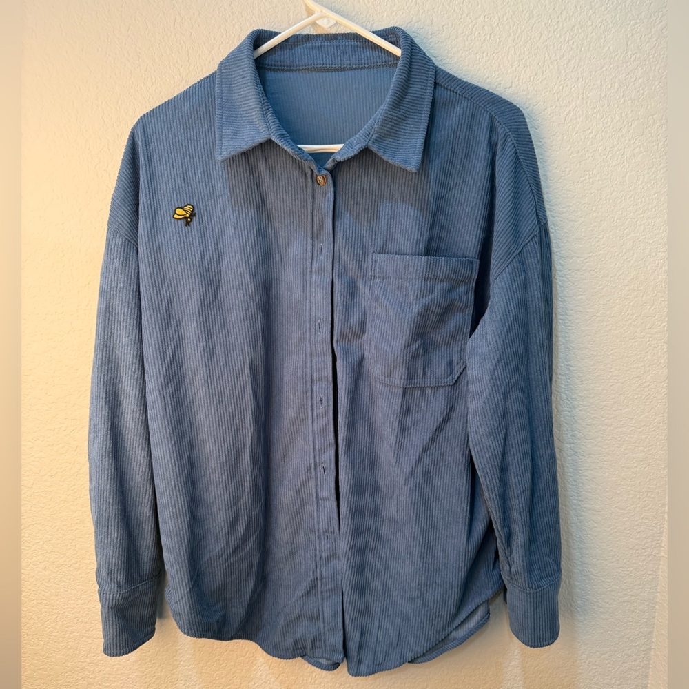Oversized Blue flannel button up with bee patch